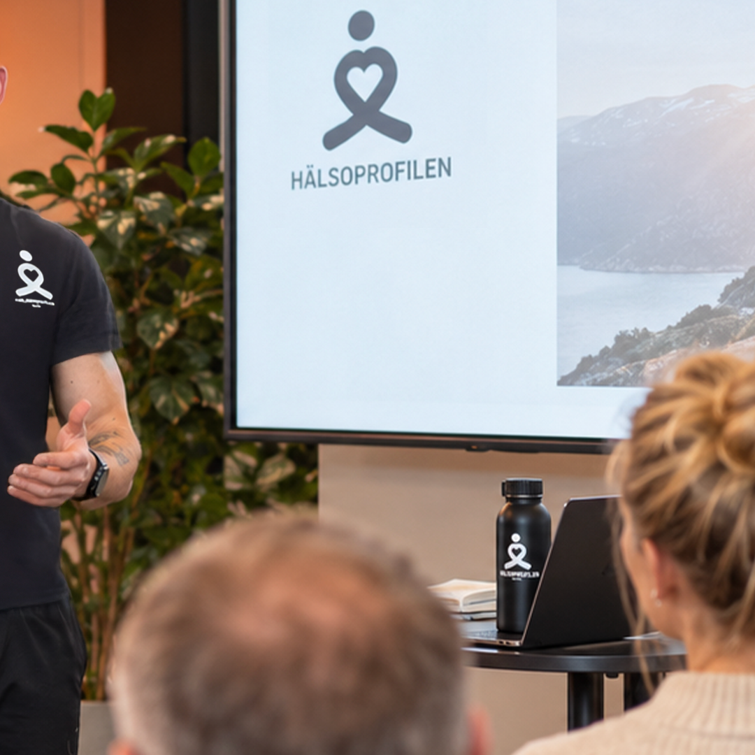 Föreläsning om hälsa och träning med Hälsoprofilen framför deltagare.